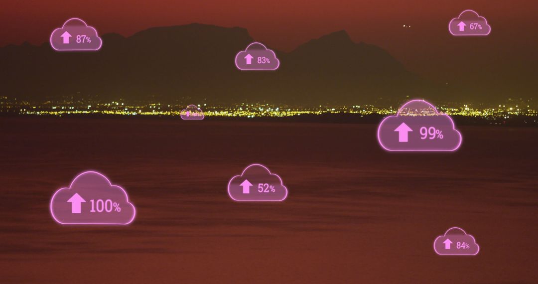 Digital Clouds Representing Data Over Ocean Landscape at Sunset