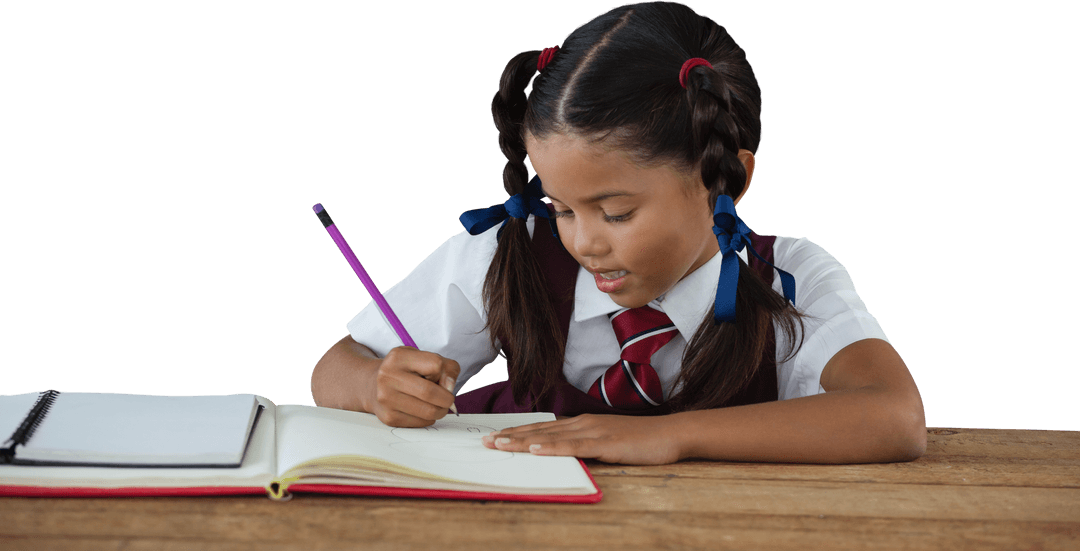 Schoolgirl in Uniform Writing in Notebook at Desk, Isolated Background