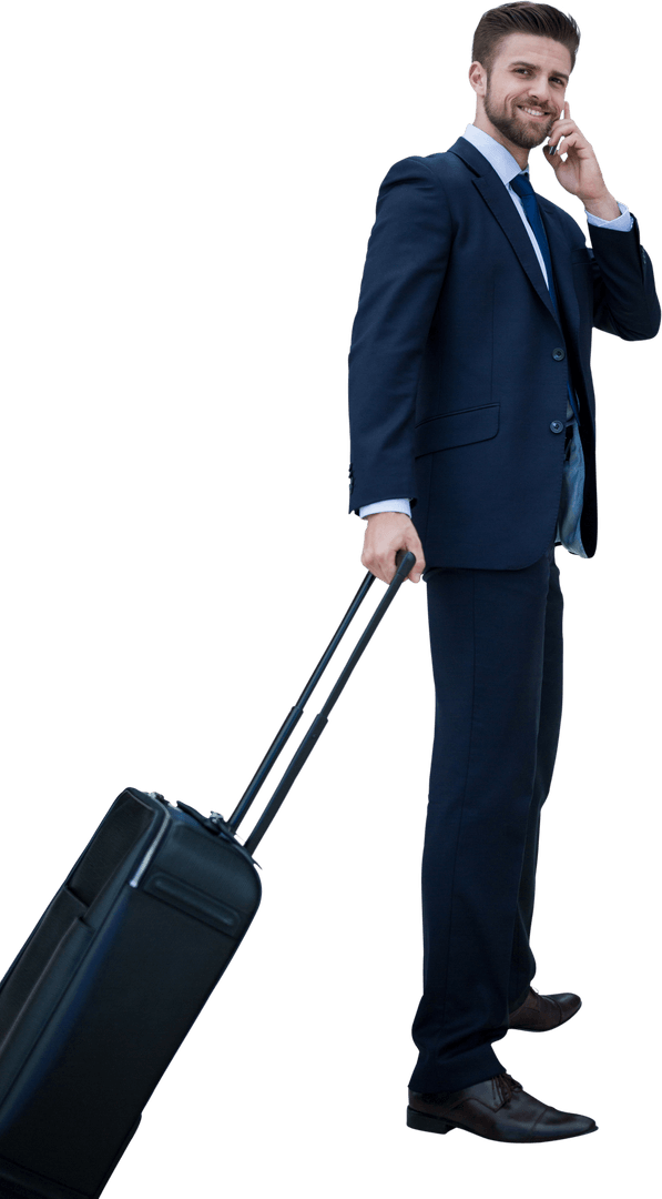 Transparent Businessman Smiling While Traveling with Suitcase