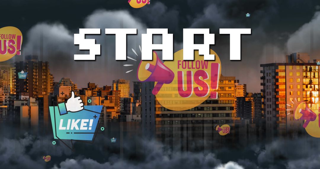 Digital Game Start Screen Over Cityscape