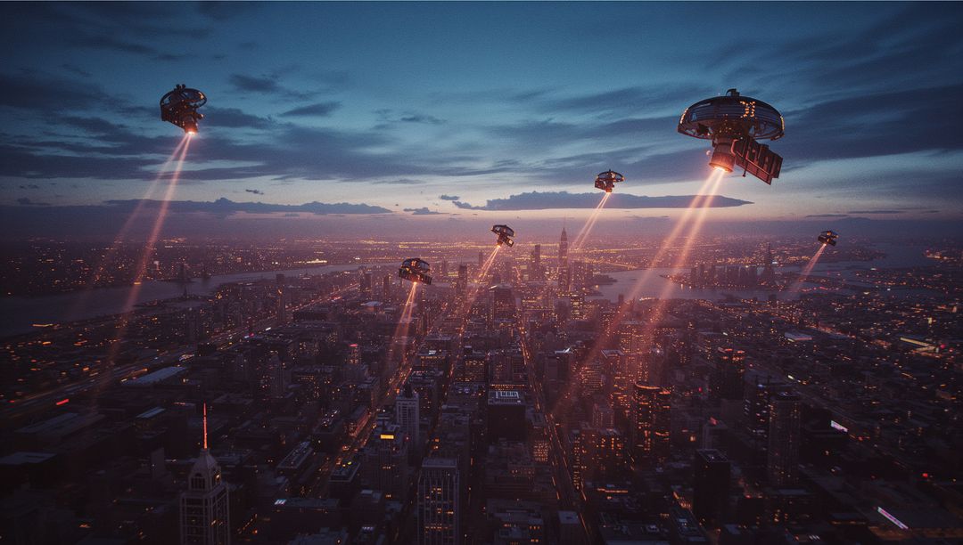 Futuristic Drones Exploring Cityscape at Dusk