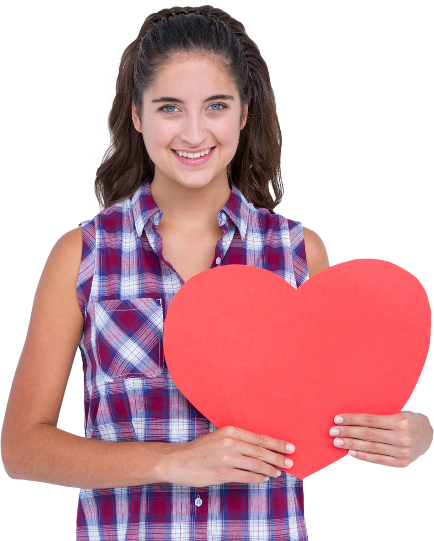 Smiling Woman Holding Transparent Heart-Shaped Card Wearing Checkered Shirt - Download Free Stock Images Pikwizard.com