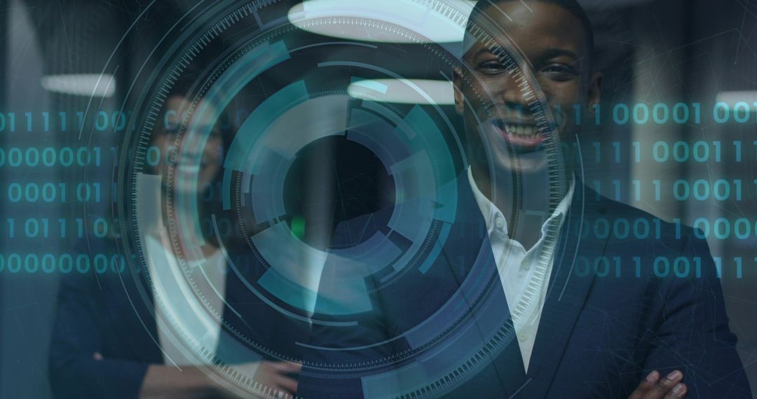 Confident businessman crossing arms smiling behind holographic AR interface with binary code