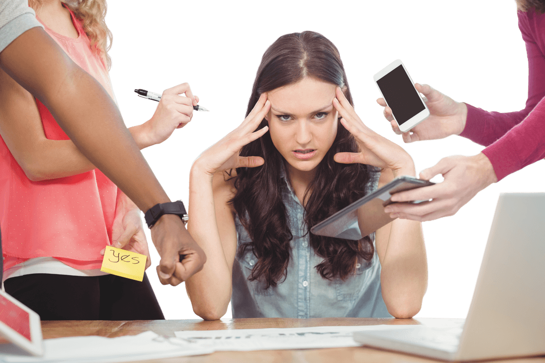 Transparent Businesswoman Overwhelmed by Digital Multitasking