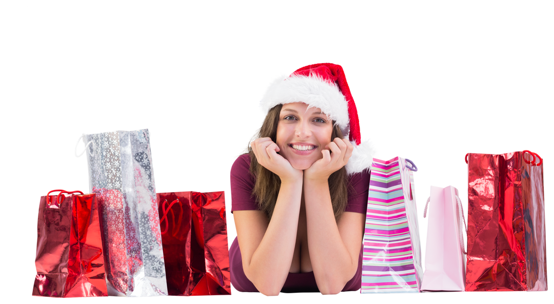 Smiling Woman in Santa Hat with Transparent Gift Bags - Download Free Stock Images Pikwizard.com