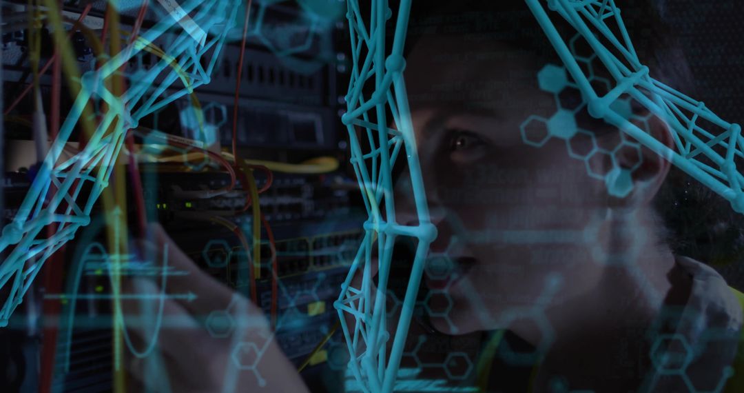 Female technician checking server rack with holographic AR wireframe overlay