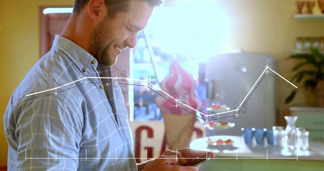Man Analyzing Data on Smartphone in Cozy Cafe Environment