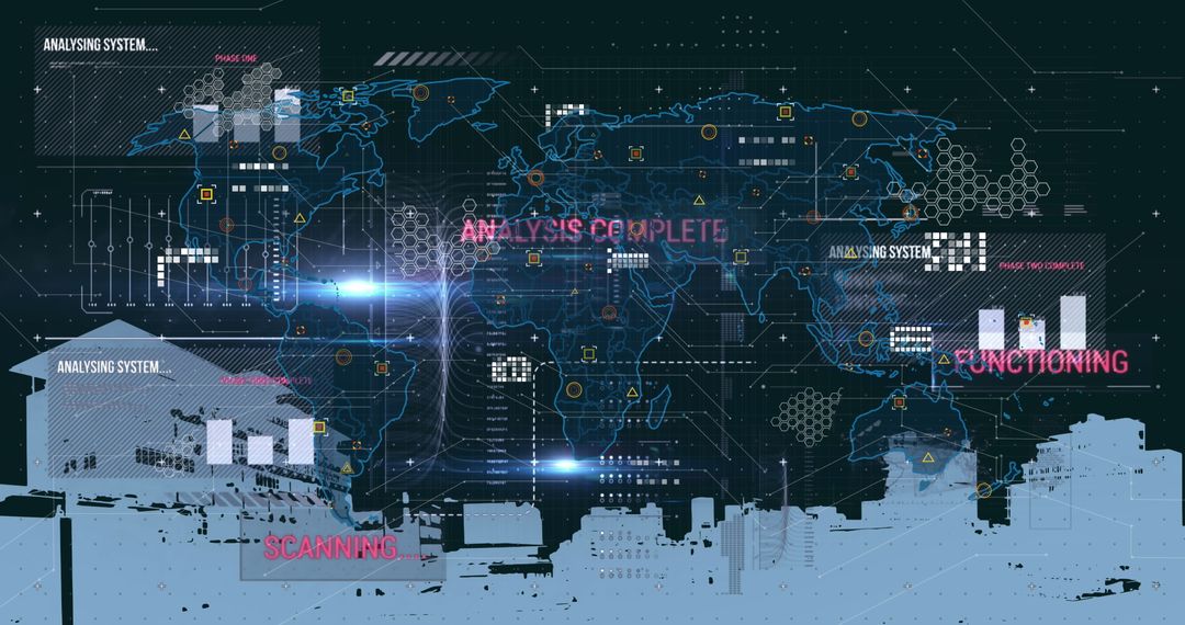 Global Data Processing in Digital Interface with City Silhouette