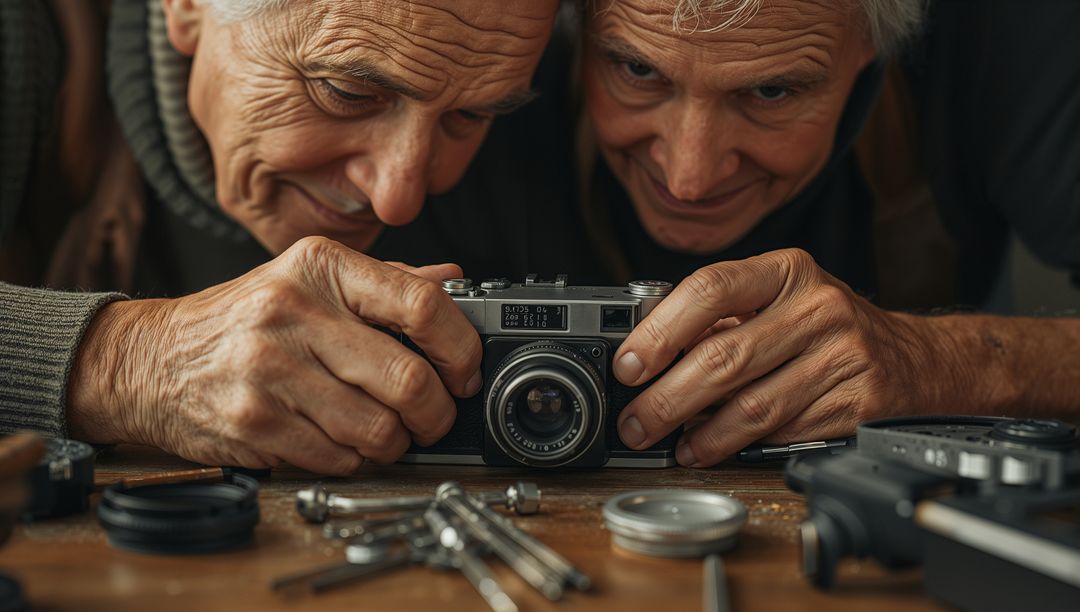 Senior men repairing vintage rangefinder camera on workbench restoring analog camera