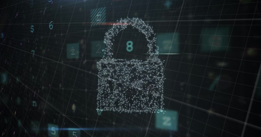 Abstract Particle Lock Symbol on Digital Grid for Cybersecurity