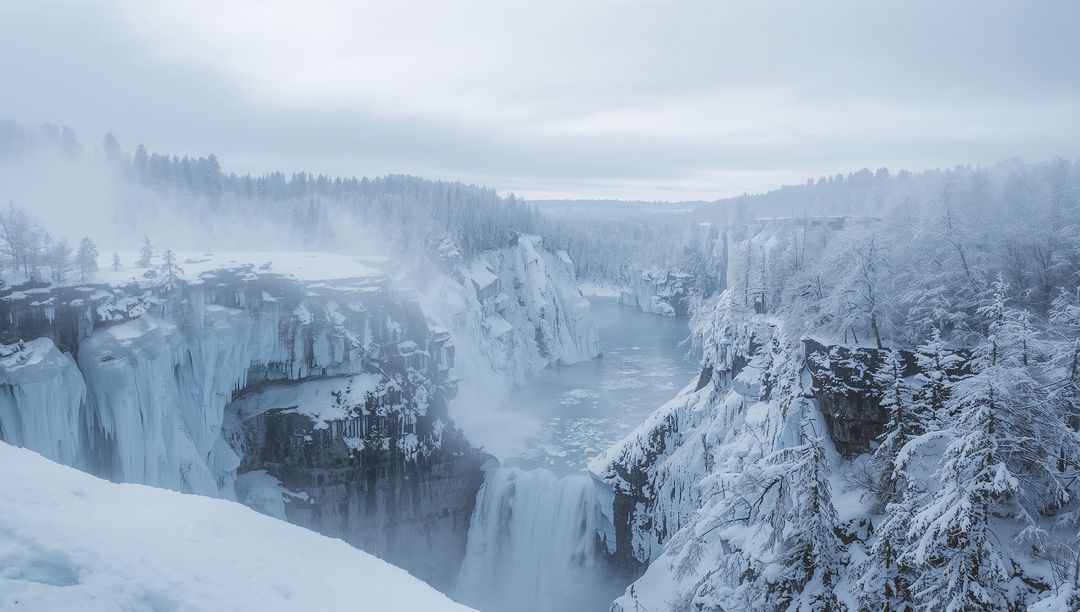 Frozen waterfall plunging through snow-covered canyon with misty icy cliffs