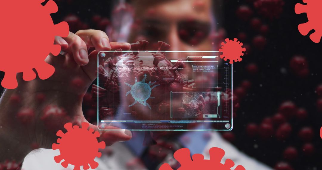 Doctor Analyzing COVID-19 Data on Futuristic Transparent Tablet