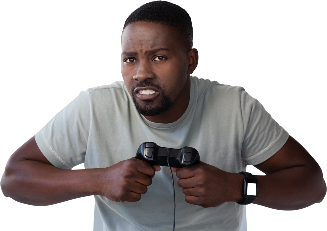 Frustrated Man Wearing Smartwatch Holding Joystick Against Transparent Background - Download Free Stock Images Pikwizard.com