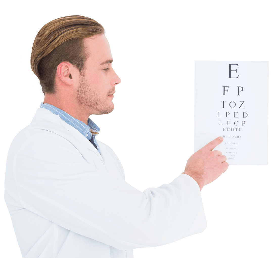 Optician Doctor Pointing at Vision Test Chart on Transparent Background