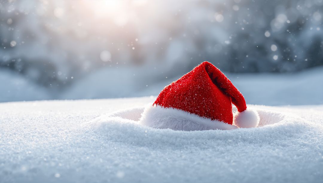 Santa Hat Nestled in Snow at Sunrise with Falling Snowflakes and Soft Bokeh