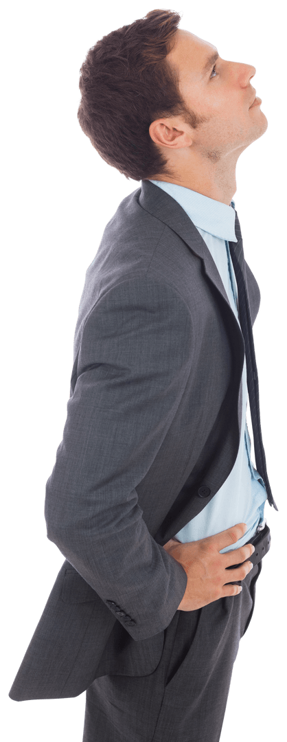 Transparent Businessman Standing with Hands on Hips Facing Upward