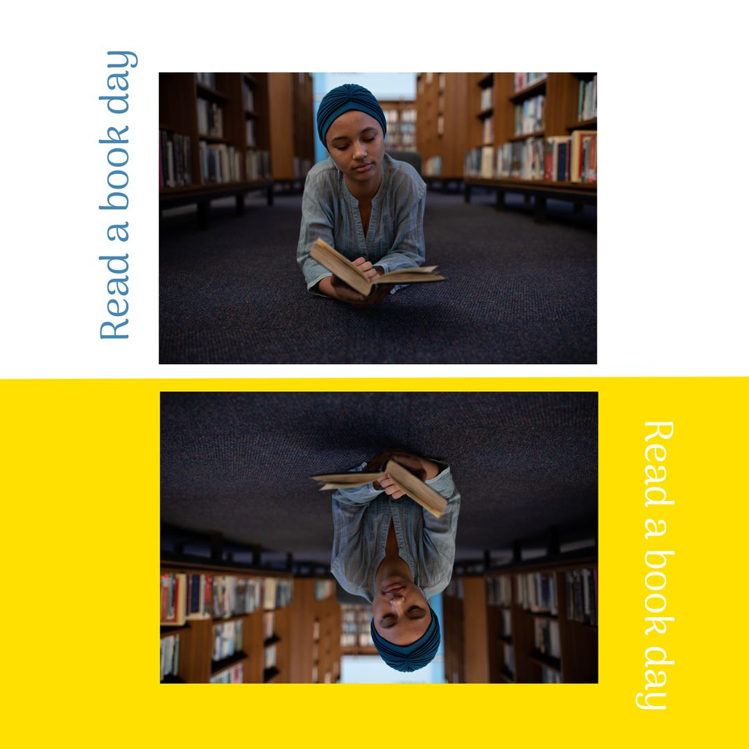 Young Woman Reading in Library Promoting Read a Book Day