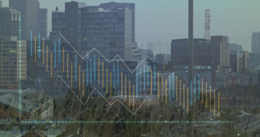 Financial Data Processing Overlaying Urban Cityscape