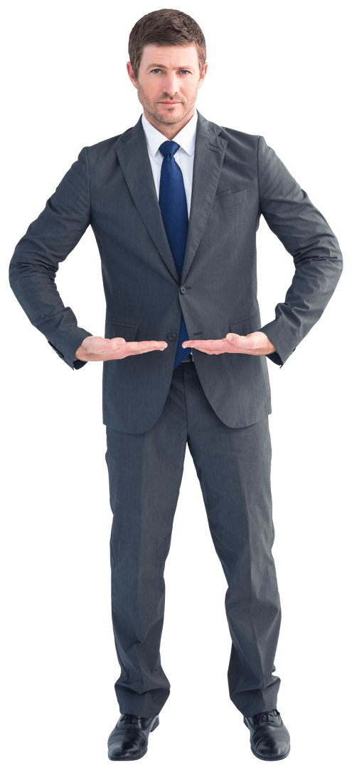 Transparent Business Executive Demonstrating Measurement Gesture