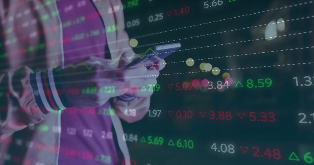 Urban trader checking smartphone with stock market overlays and neon analytics at night