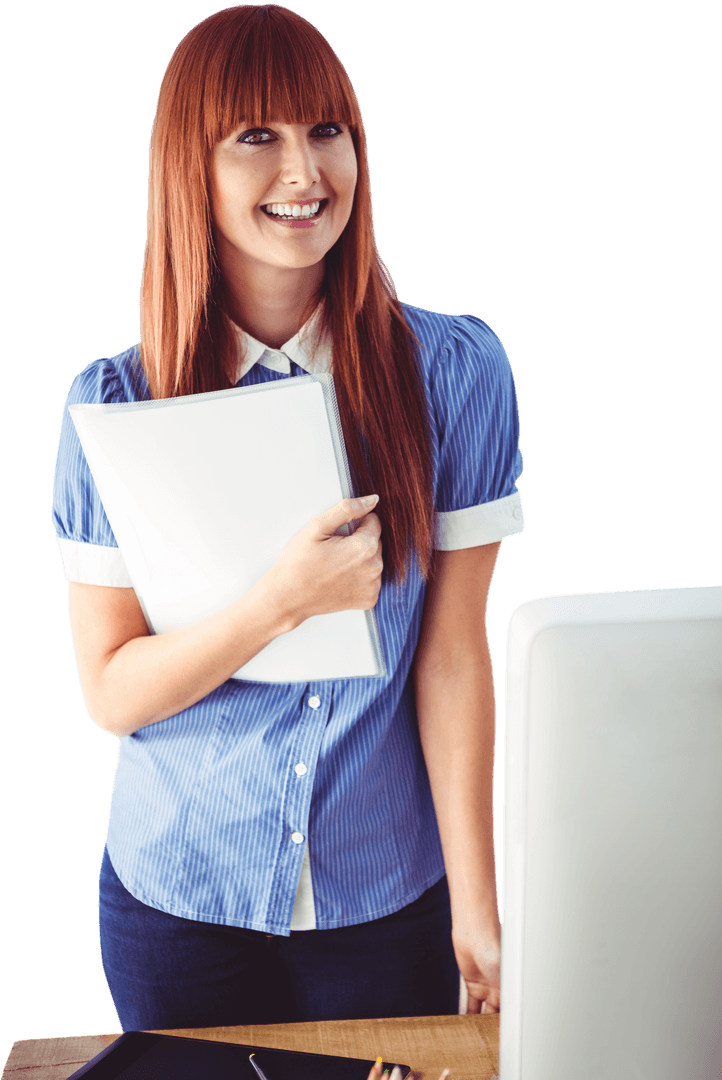 Smiling Professional Woman with Documents in Transparent Workspace