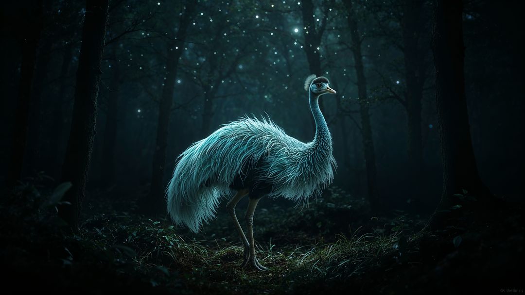 Enchanted nocturnal emu bird amidst glowing forest orbs