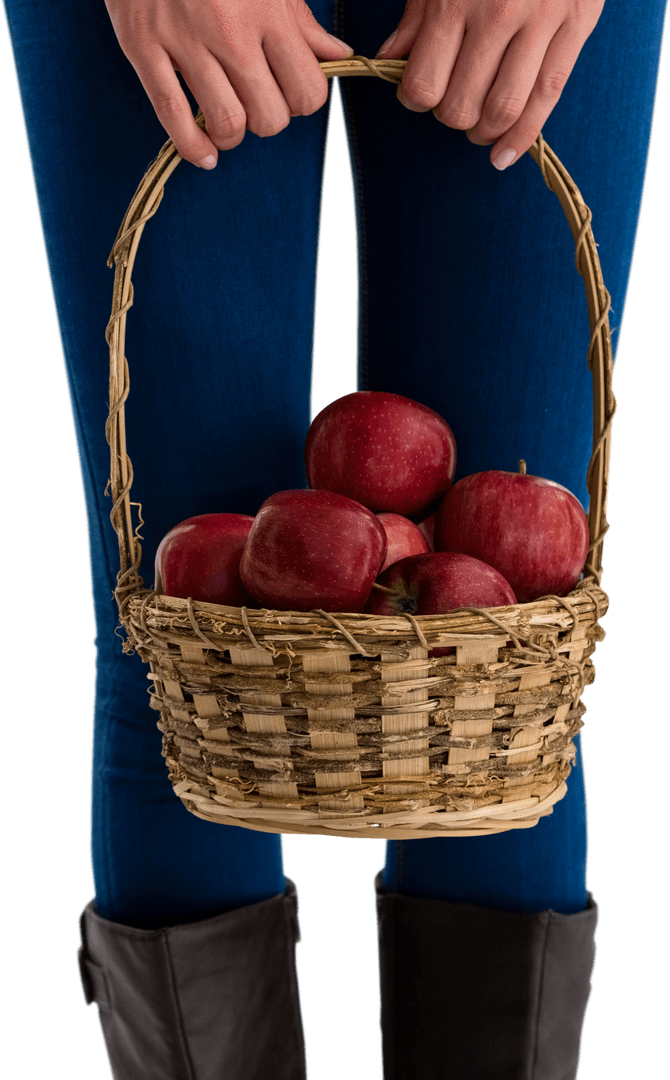 Transparent Mid Section Holding Wicker Basket of Red Apples