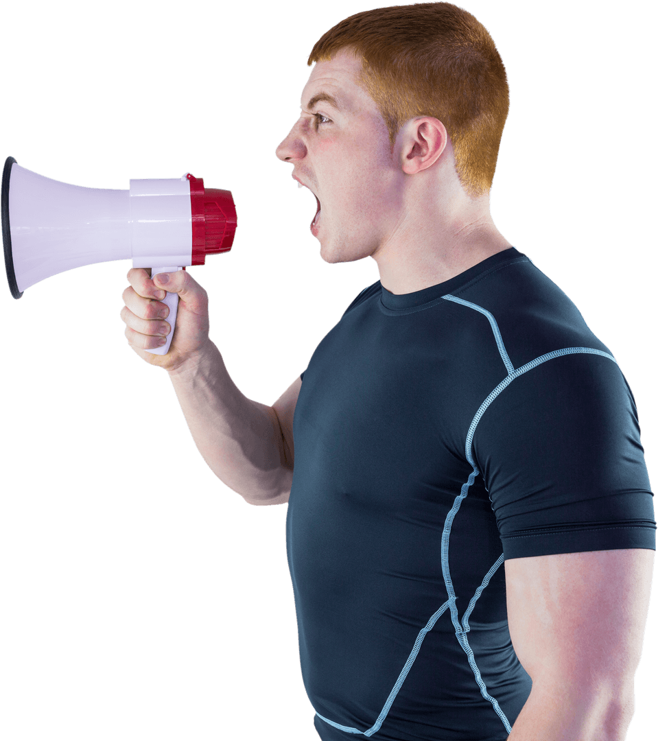 Transparent Rugby Player Yelling Through Megaphone with Passion
