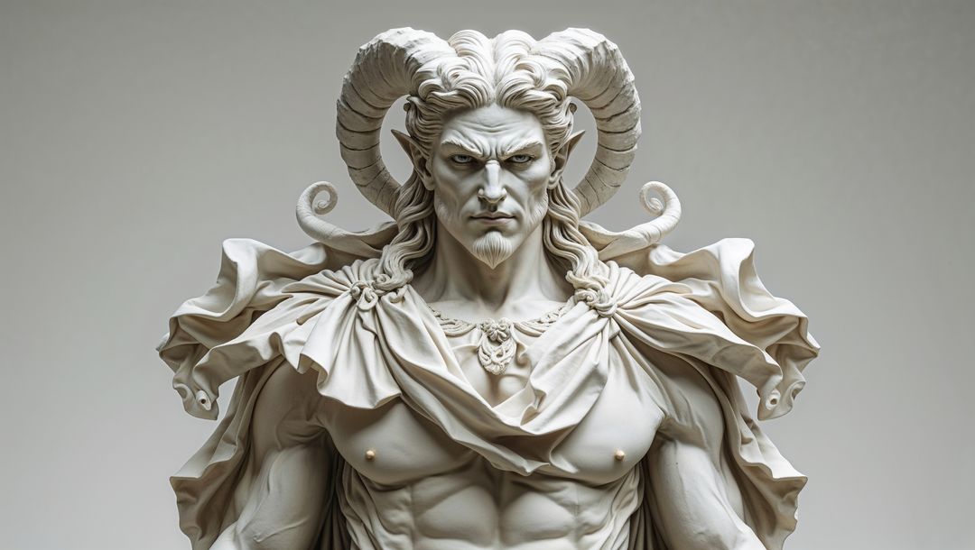 Majestic horned satan figure sculpture in marble with intricate fabric details