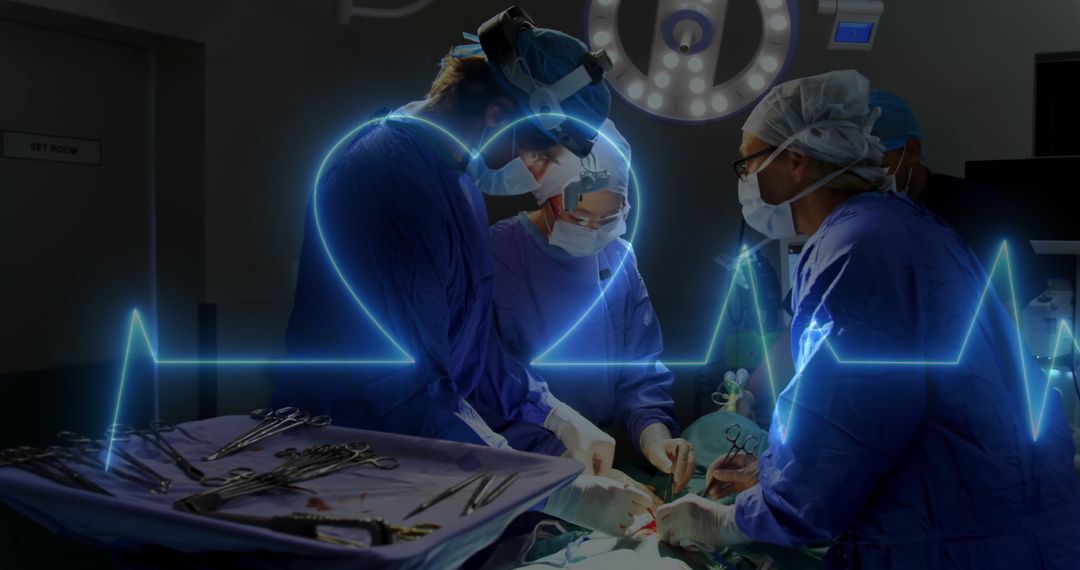 Team of Surgeons with Heartbeat Overlay in Operating Theater
