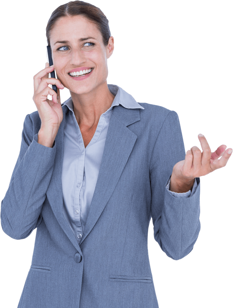 Professional Businesswoman Smiling While Using her Mobile Phone on Transparent Background
