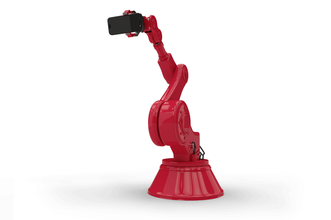 Red Robotic Arm Holding Smartphone on Transparent Background