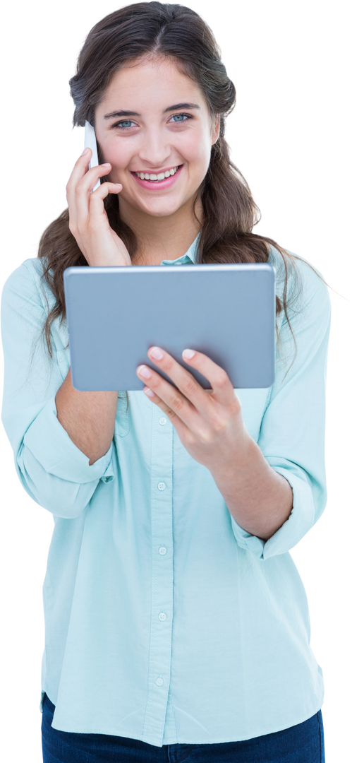 Smiling Young Woman Using Digital Tablet and Phone Transparent Background - Download Free Stock Images Pikwizard.com