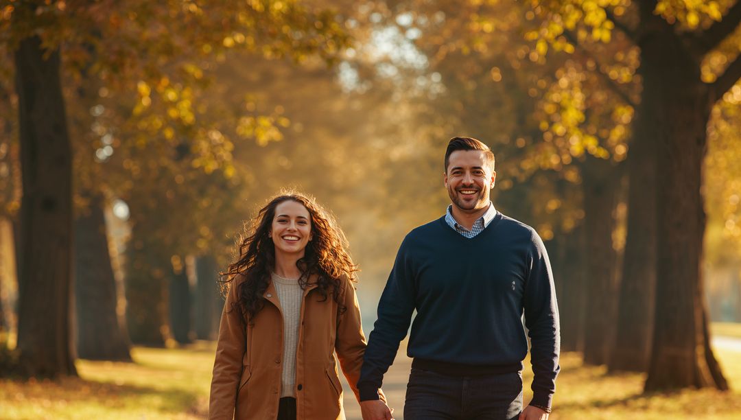 Smiling Couple Walking Through Autumn Park Path Surrounded by Golden Leaves