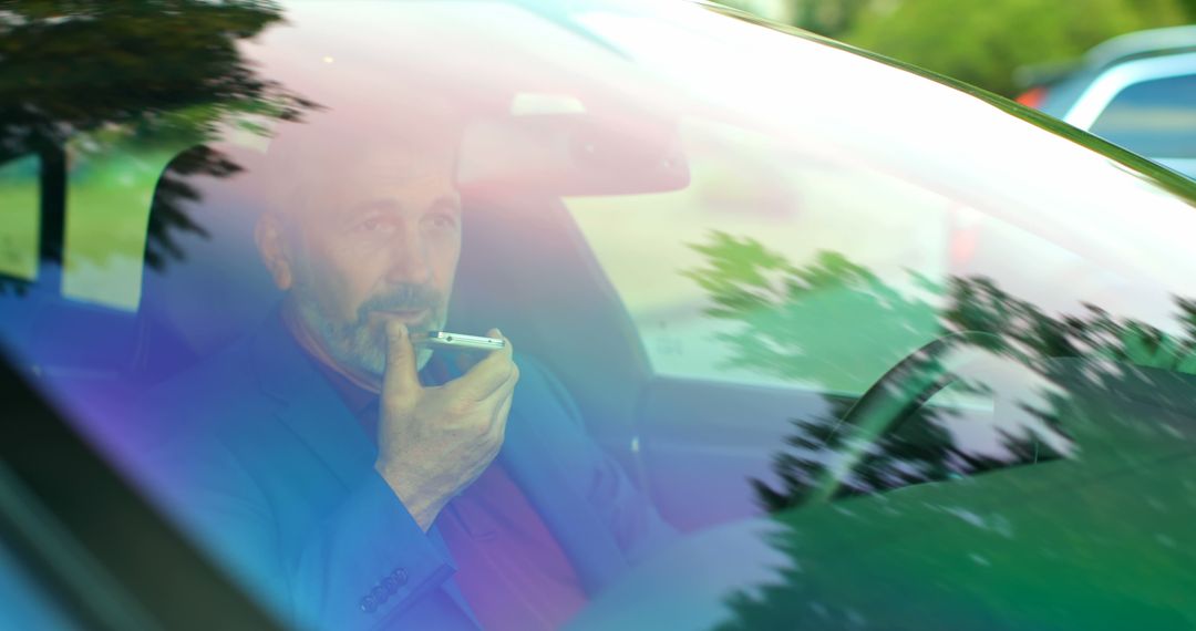 Businessman Using Voice Command on Smartphone While Driving