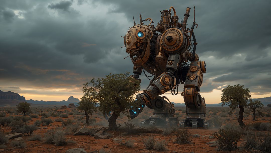 Giant Steampunk Robot Navigating Desert Landscape
