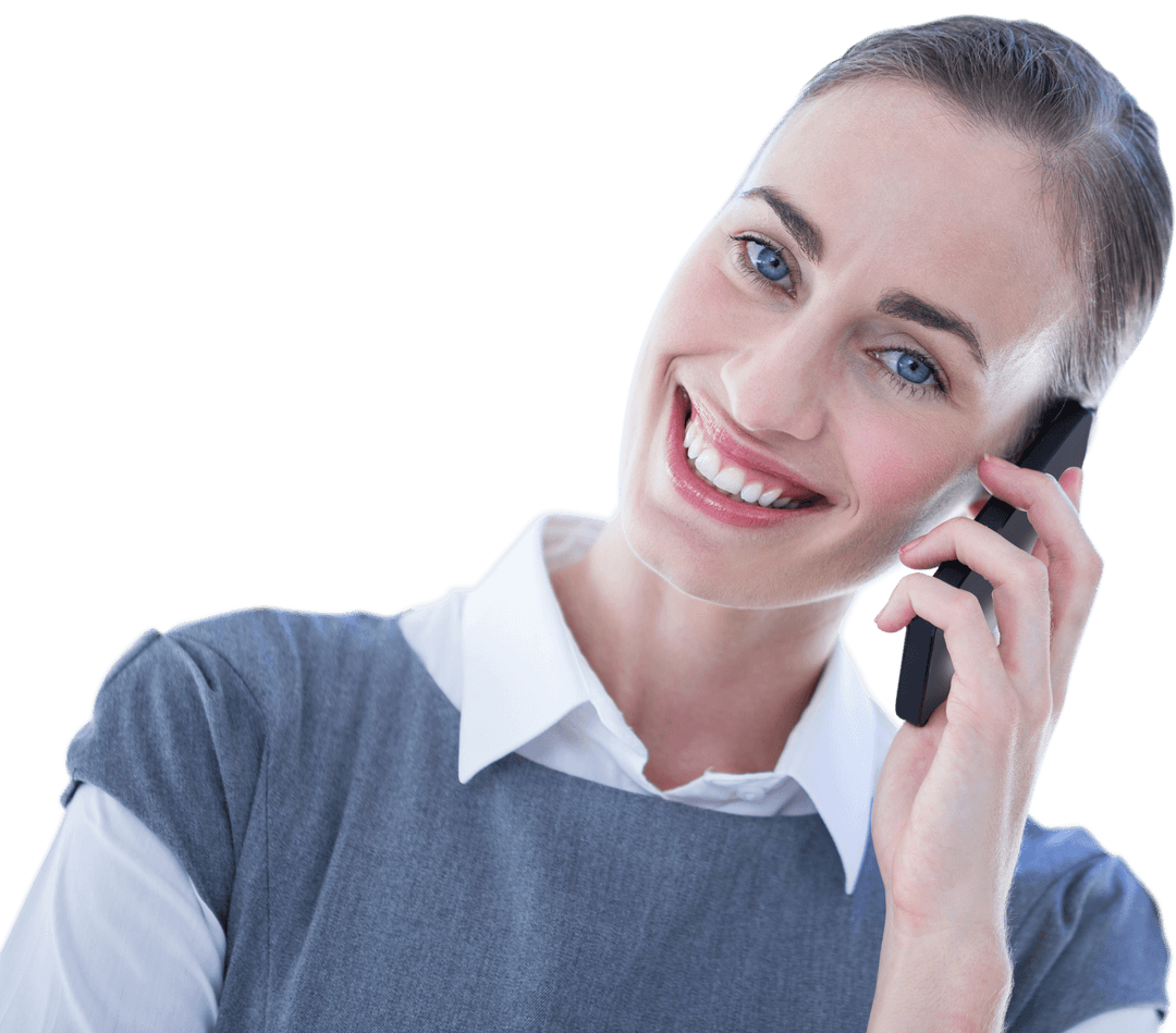 Smiling Businesswoman Using Phone Transparent Background