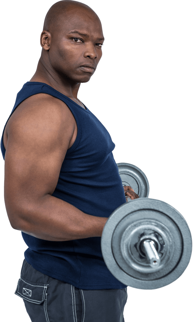 Strong African American Man Lifting Dumbbell with Confidence Transparent
