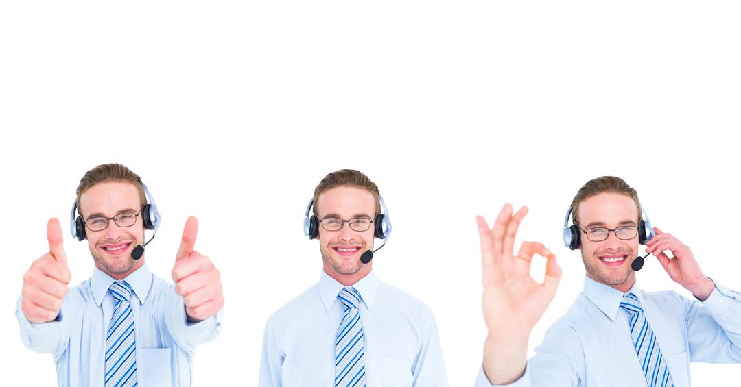 Cheerful Customer Support Representative in Headset Assisting and Gesturing - Free Images, Stock Photos and Pictures on Pikwizard.com
