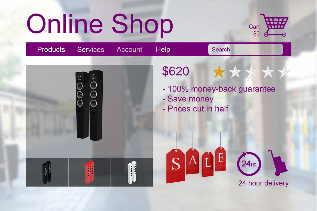 Transparent Online Shopping Page Featuring Speakers and Sale Tags