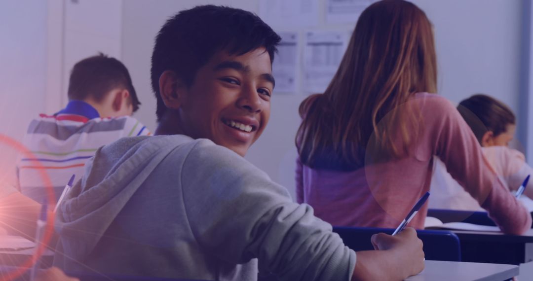 Smiling Diverse Student in Classroom during Lesson