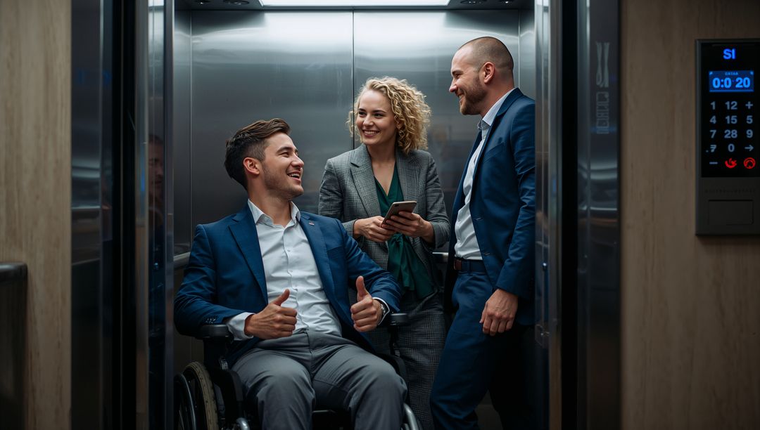 Diverse Business Team Engaging in Conversation Inside an Office Elevator