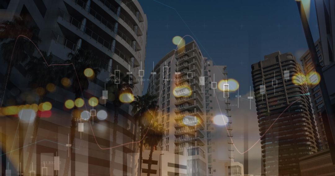 Futuristic Financial Graphics Overlay with Cityscape