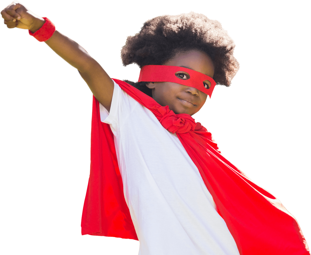 Joyful Young Boy in Red Cape and Mask Striking Heroic Transparent Pose