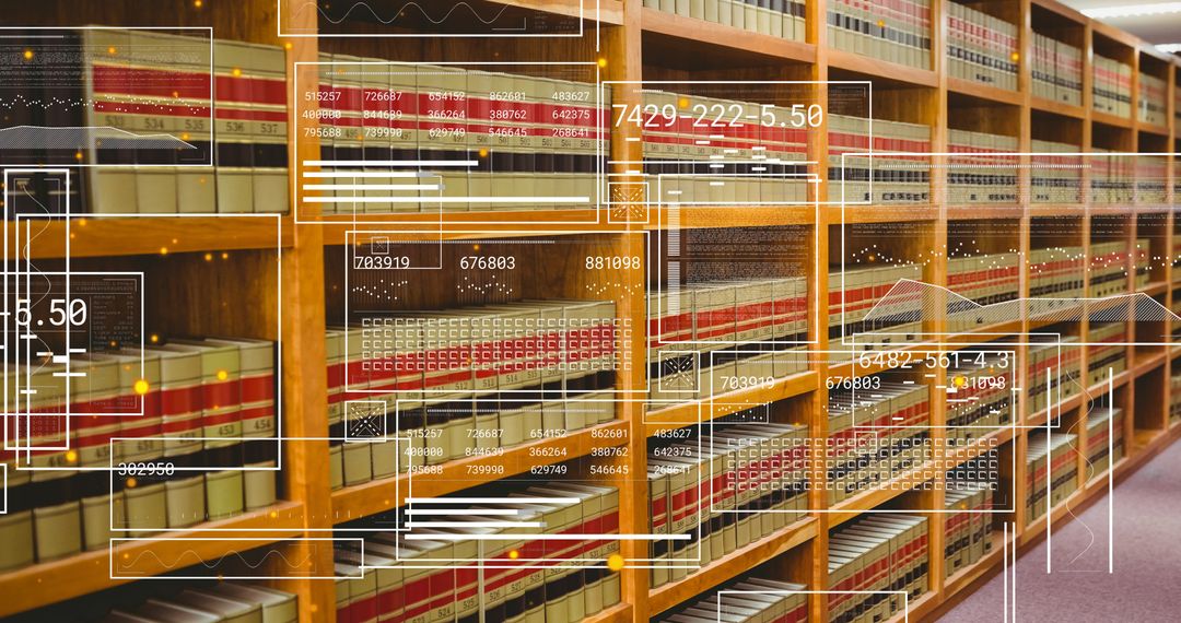 Futuristic Library with Digital Interface and Bound Volumes in Shelves