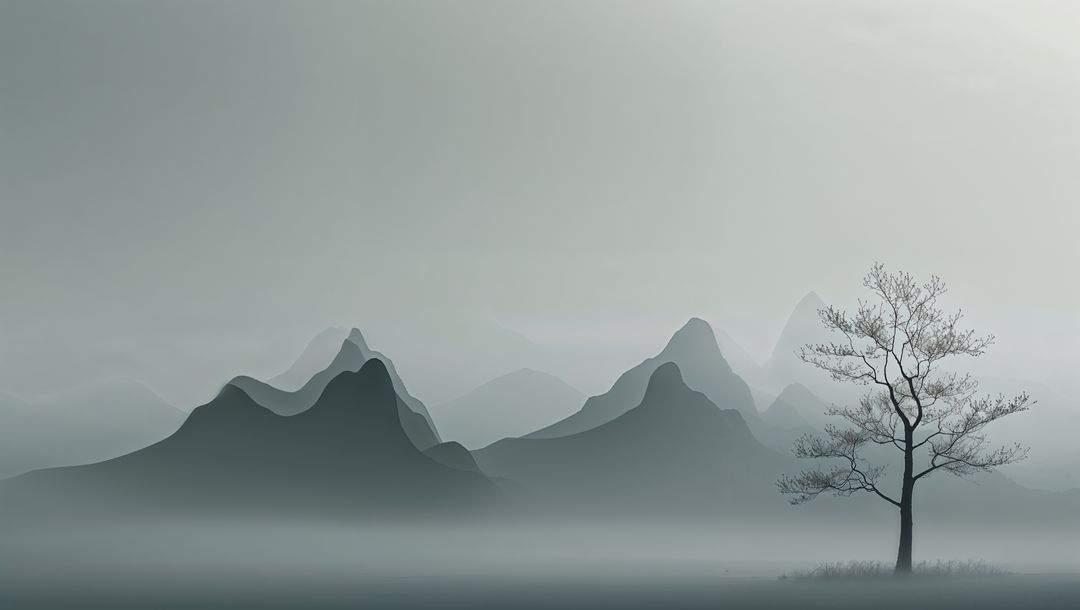 Minimalist Tree and Misty Mountains in Monochrome Tranquility