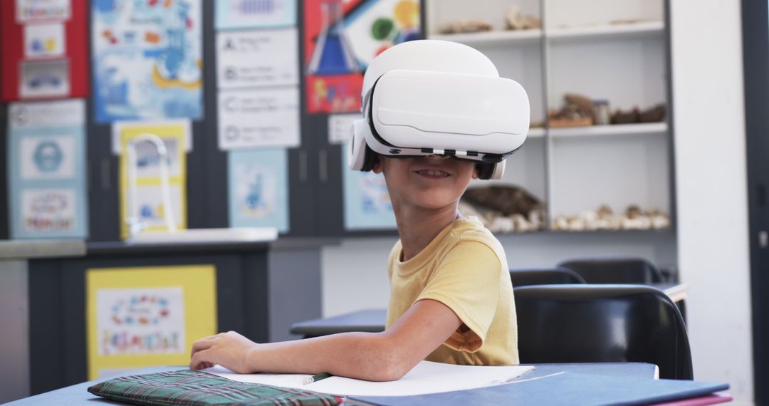 Boy Experiencing Virtual Reality in School Classroom