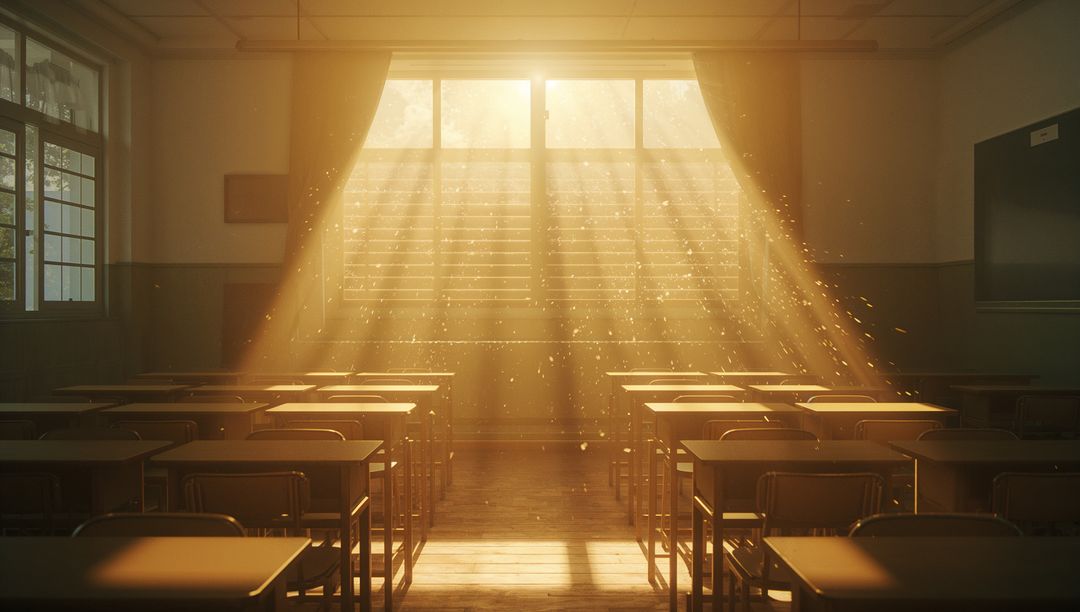 Golden Sunlight Illuminating Empty Classroom Interior