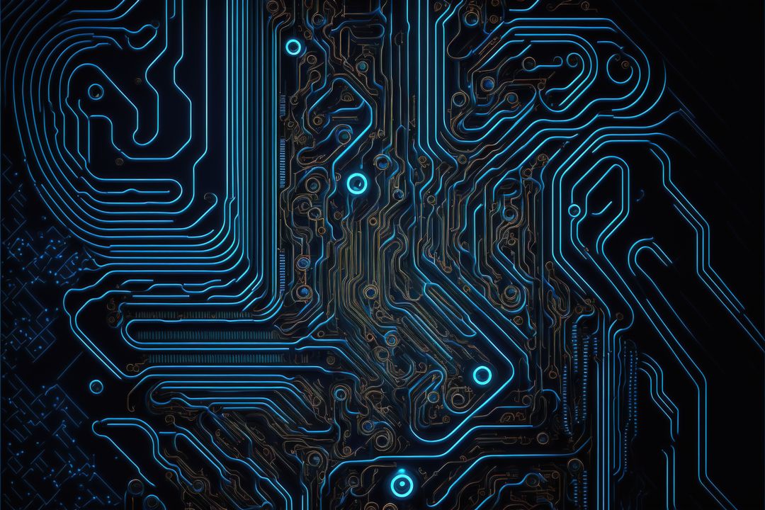 Image of computer circuit board and blue light trails on dark background - Free Images, Stock Photos and Pictures on Pikwizard.com