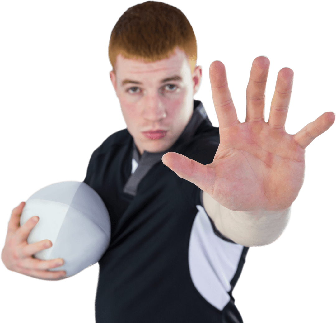 Transparent Rugby Player Gesturing Stop with Rugby Ball